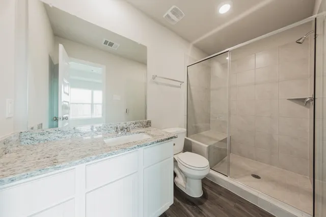 a bathroom with a granite countertop sink a toilet and shower
