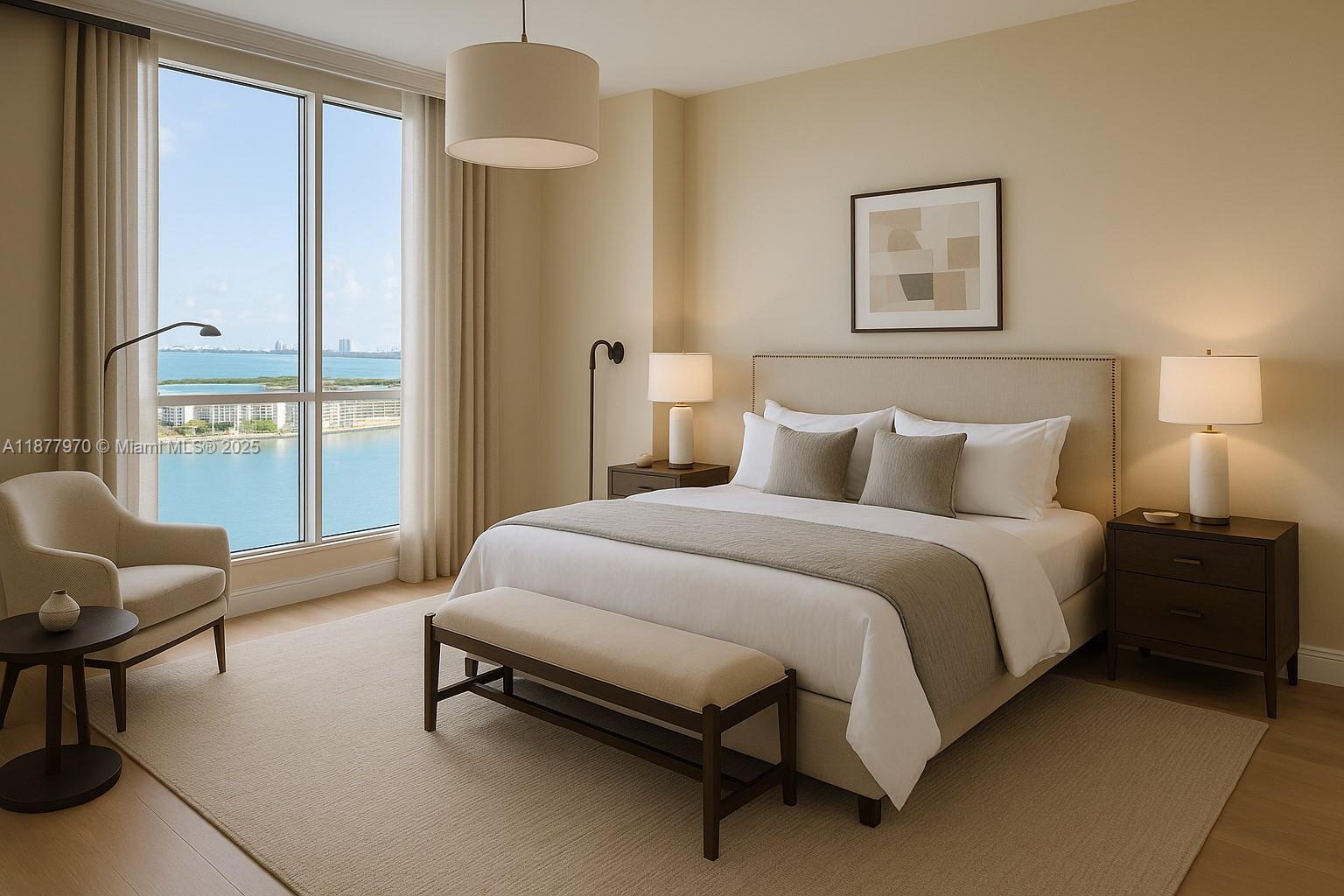 848 Brickell Key Drive, Unit 2502 Miami, FL 33131 - Photo 19 of 40 a bedroom with a bed and a chandelier