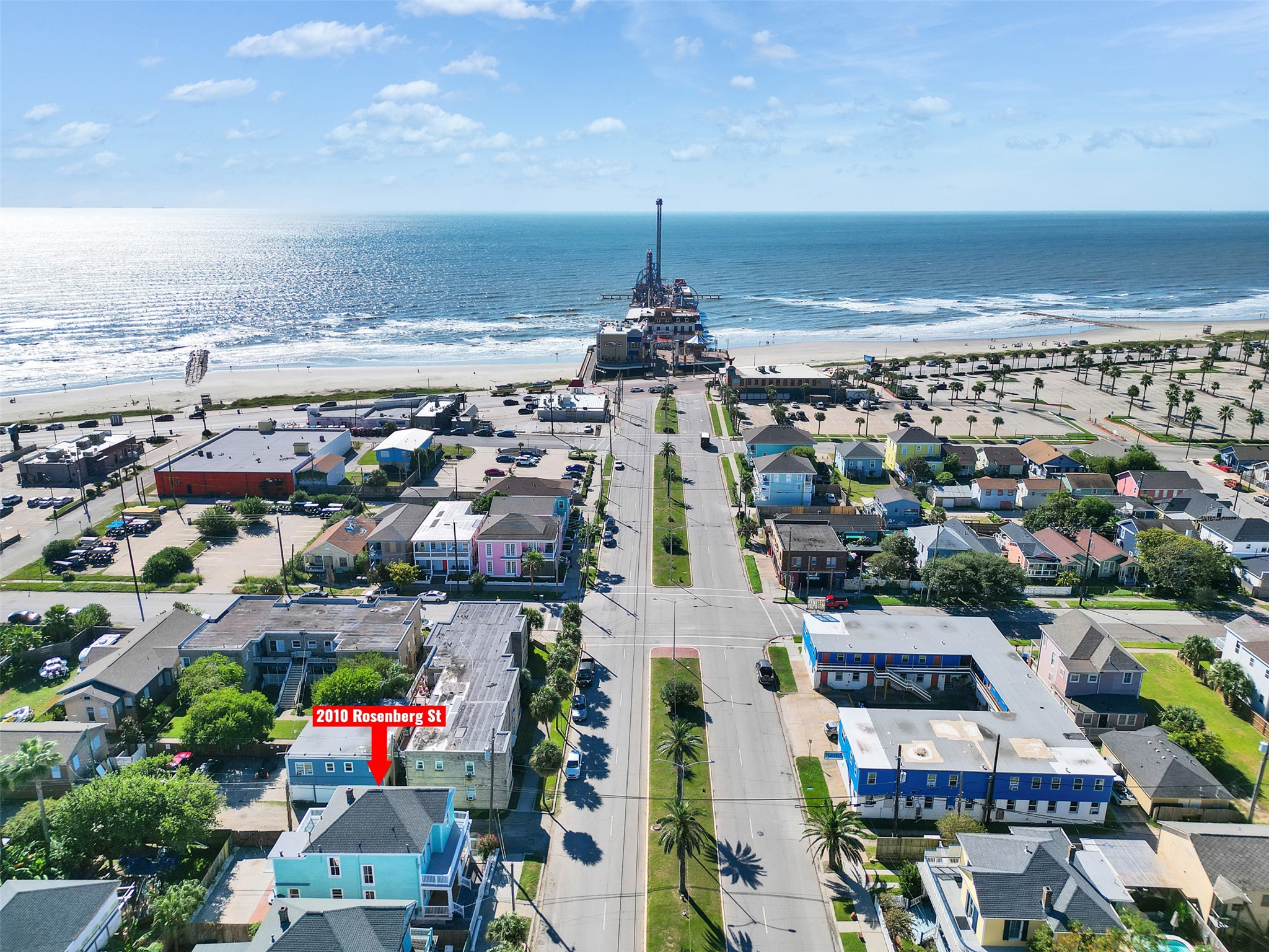 2010 Rosenberg Street Galveston, TX 77550 - Photo 46 of 50 This stunning aerial view highlights the home’s prime location — just steps from the beach and the iconic Pleasure Pier. Whether it’s spontaneous trips to the sand or simply knowing the ocean is nearby, this perspective captures the essence of island living at its finest.