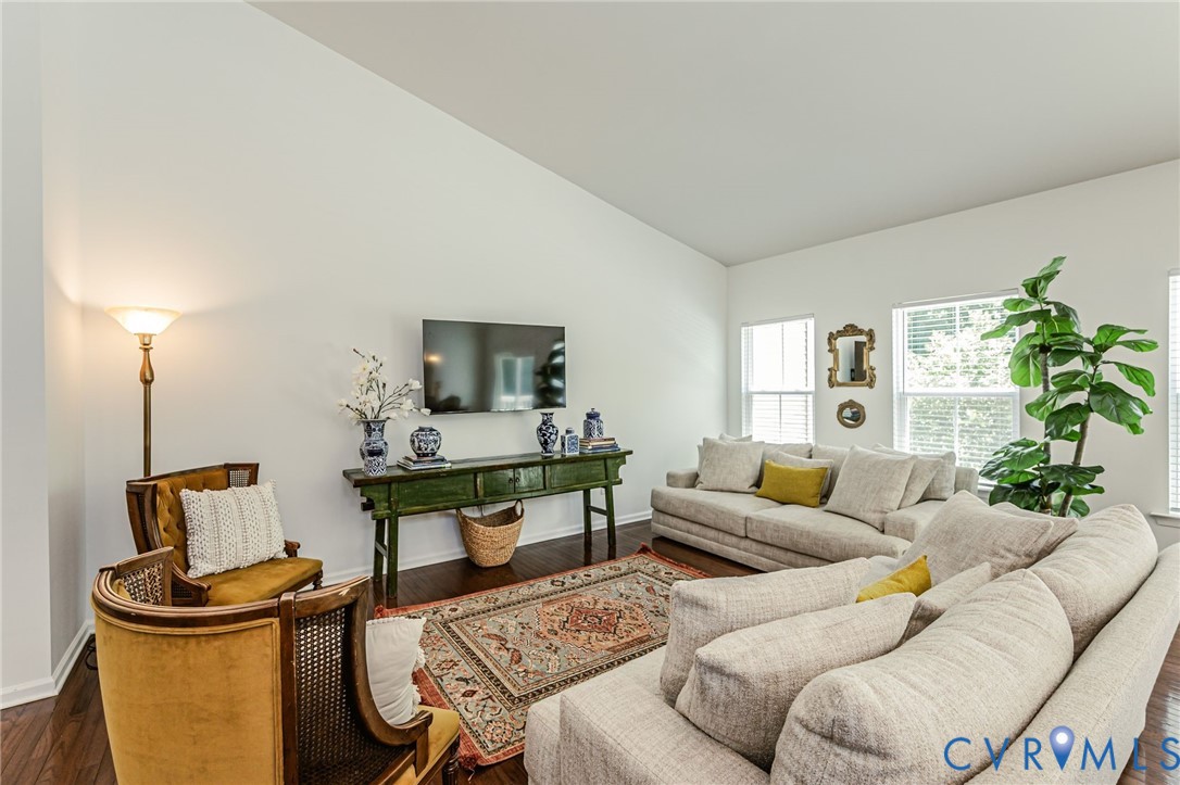 7435 Wicks Road Williamsburg, VA 23188 - Photo 17 of 82 Living area featuring high vaulted ceilings, dark