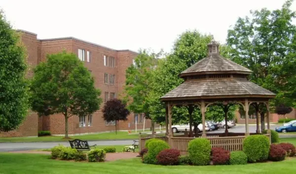 a front view of a building with trees and umbrellas