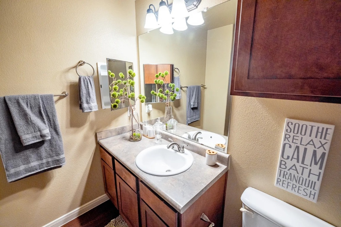 701 Center Ridge Drive, Unit 436 Austin, TX 78753 - Photo 13 of 20 a bathroom with a sink a vanity and a mirror