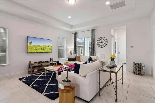a living room with furniture a rug and a window
