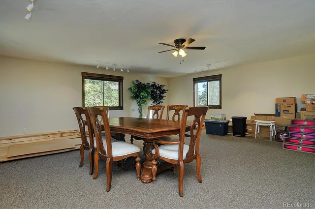 a dining room with furniture and window