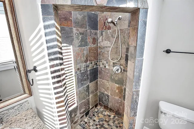a bathroom with a granite countertop sink