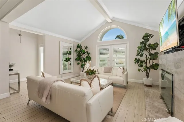 a living room with a fireplace