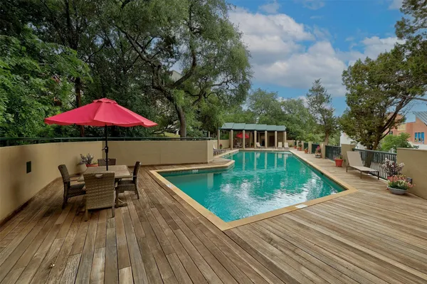 an outdoor space with seating