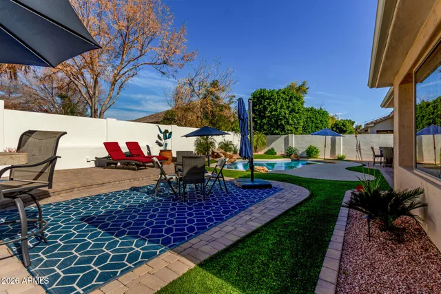 an outdoor space with seating