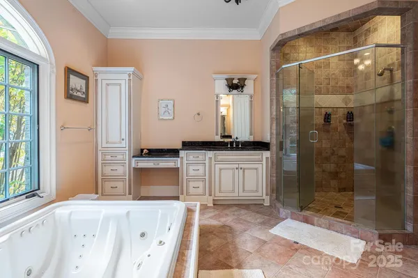 a bathroom with a tub shower sink and mirror