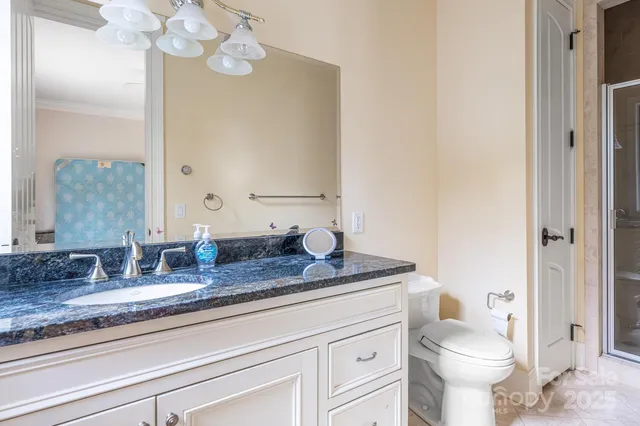 a bathroom with a granite countertop toilet sink and mirror