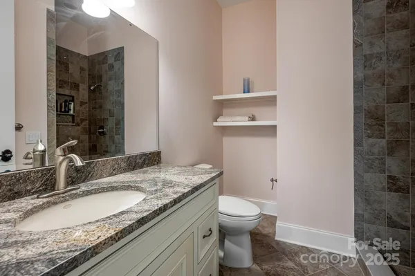a bathroom with a granite countertop sink toilet and shower