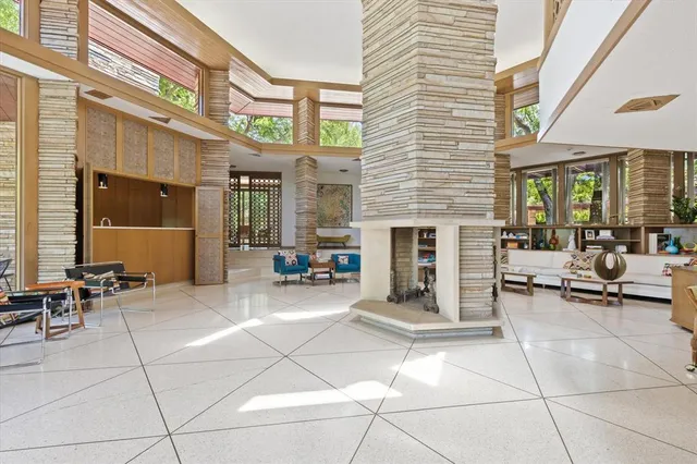 a view of a building with sitting area