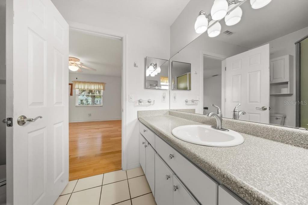 6145 Southwest 100th Loop Ocala, FL 34476 - Photo 38 of 54 a bathroom with a granite countertop sink a mirror and a shower