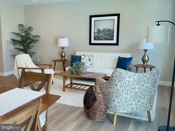 a living room with furniture and a potted plant