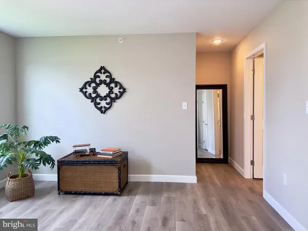 a view of a room with wooden floor and potted plant
