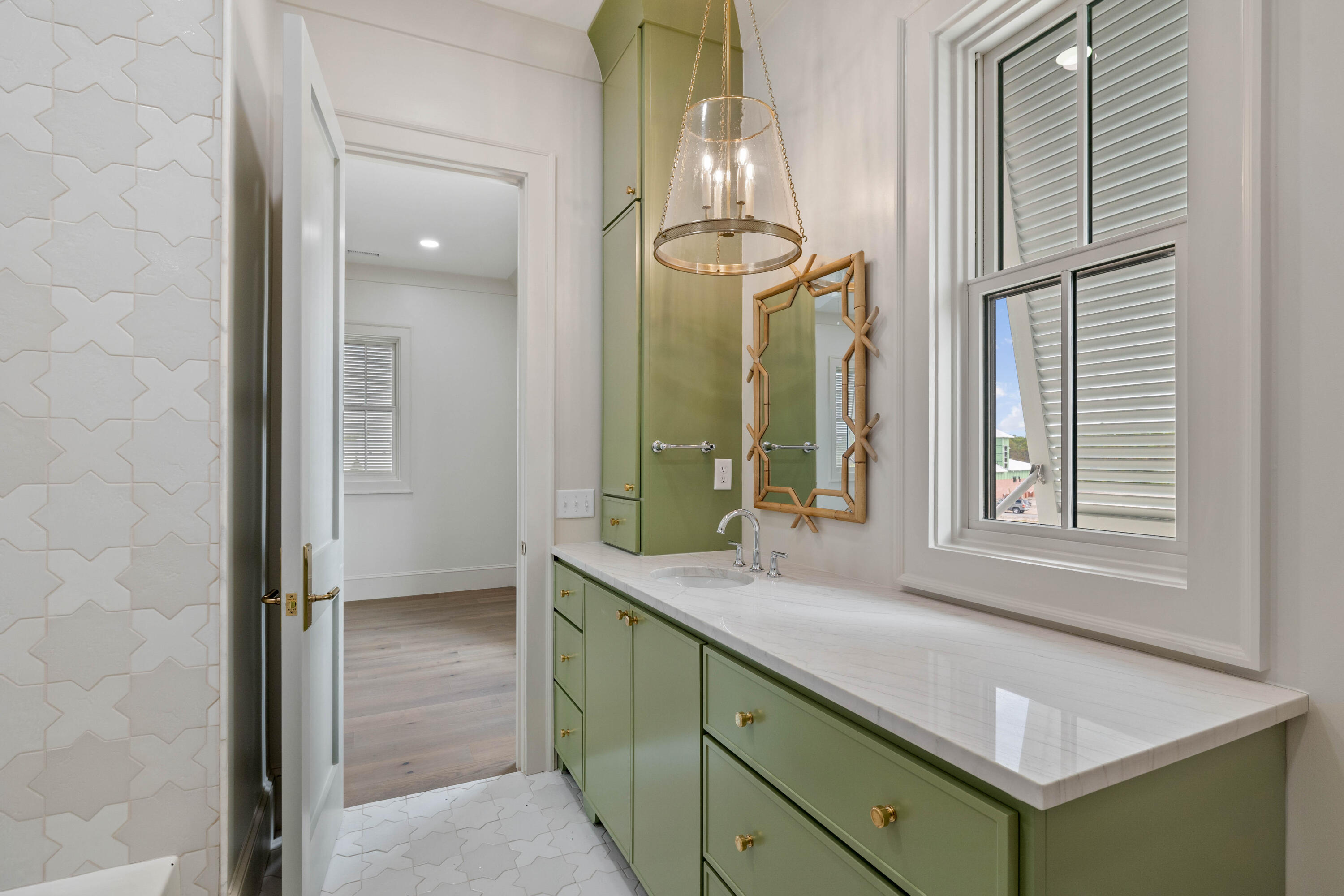 99 Morning Light Way Inlet Beach Inlet Beach, FL 32461 - Photo 86 of 97 a bathroom with a granite countertop sink a mirror and a shower