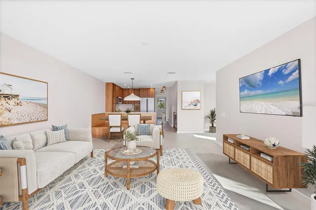 a living room with furniture and a rug