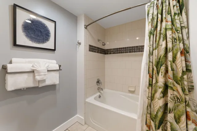 a bathroom with a bathtub and shower