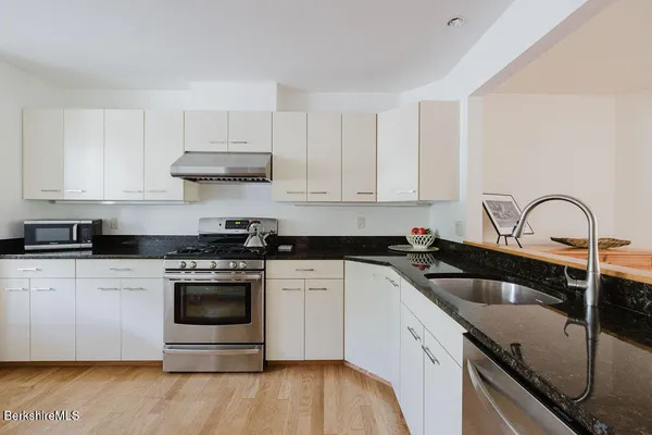 a kitchen with a sink cabinets and stainless steel appliances