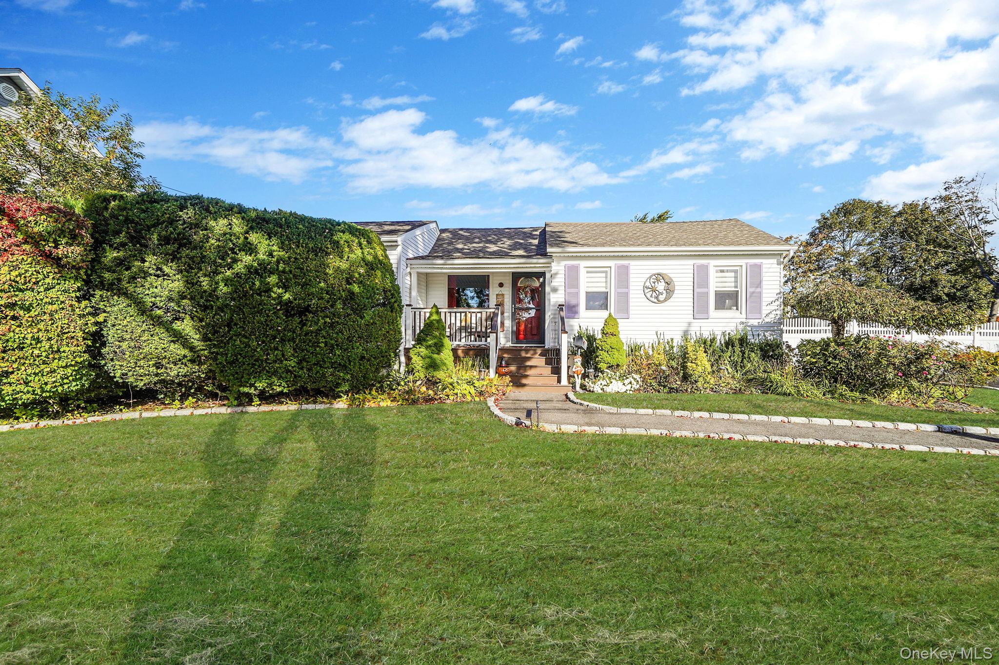 a view of a house with a big yard potted plants and large tree