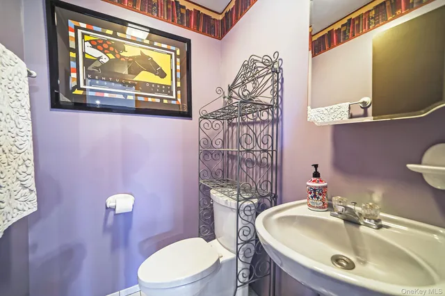 a bathroom with a sink mirror and toilet
