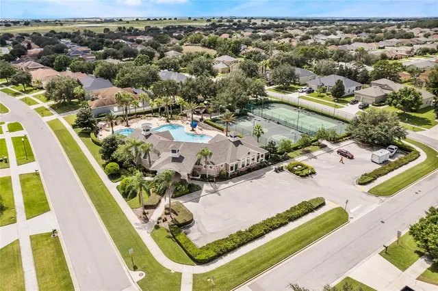 an aerial view of a swimming pool