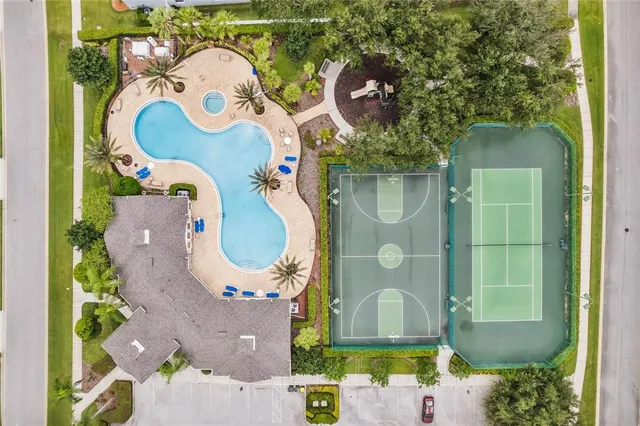 an aerial view of a swimming pool