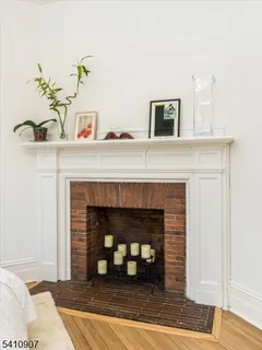 a living room with a fireplace and a potted plant