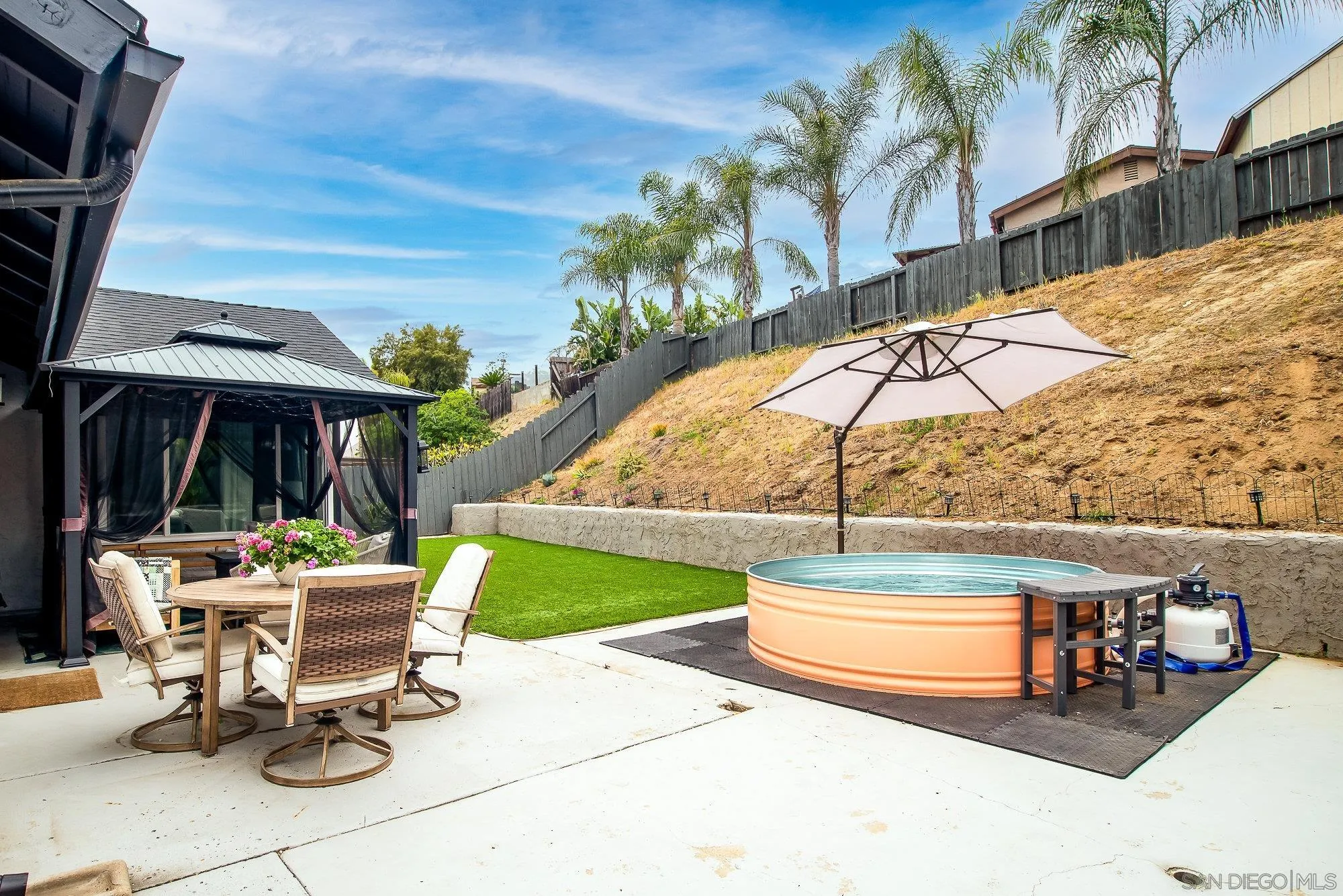 10753 Valor Place Santee, CA 92071 - Photo 19 of 24 a view of a patio with a table and chairs under an umbrella