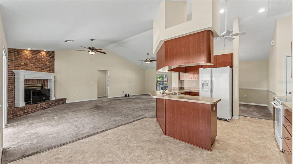 8525 North Campbell Road Lakeland, FL 33810 - Photo 32 of 45 a kitchen with stainless steel appliances granite countertop a stove top oven a sink a refrigerator and a fireplace