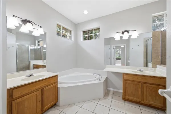 a bathroom with a tub a sink double vanity and a mirror
