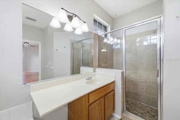 a bathroom with a shower sink vanity and mirror