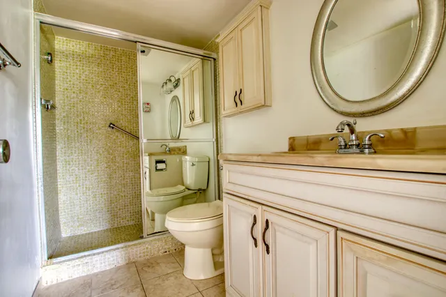 a bathroom with a sink a toilet and shower