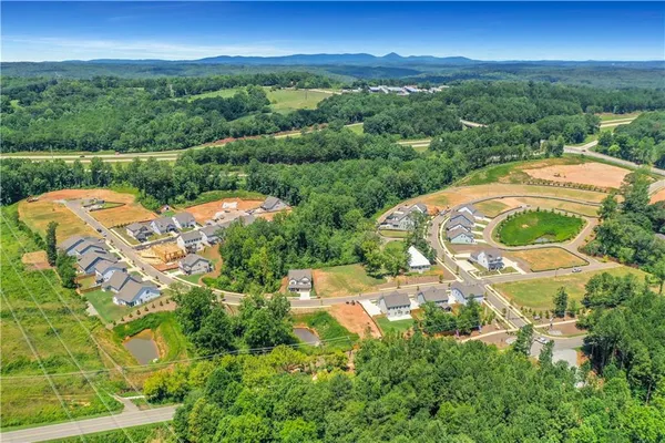 an aerial view of residential houses with outdoor space and trees