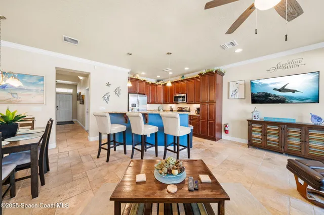 a view of a dining room with furniture