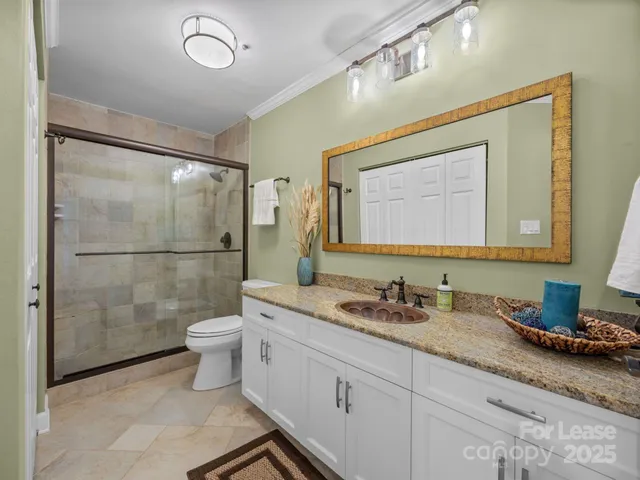 a bathroom with a granite countertop sink toilet and shower
