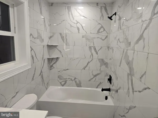 a bathroom with a bathtub and a toilet