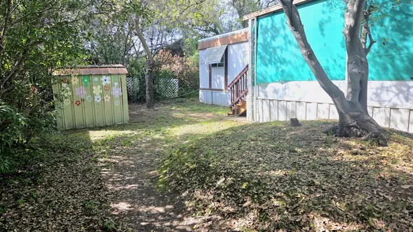 a view of a house with backyard and a tree