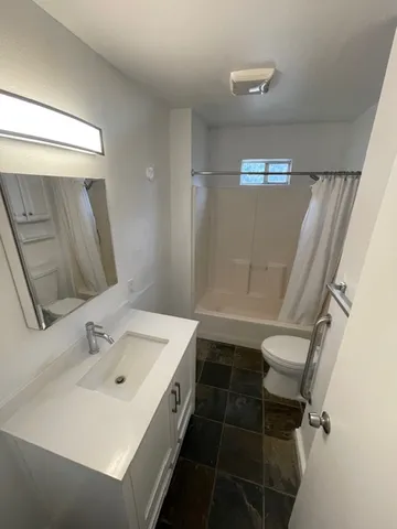 a bathroom with a sink mirror vanity and toilet
