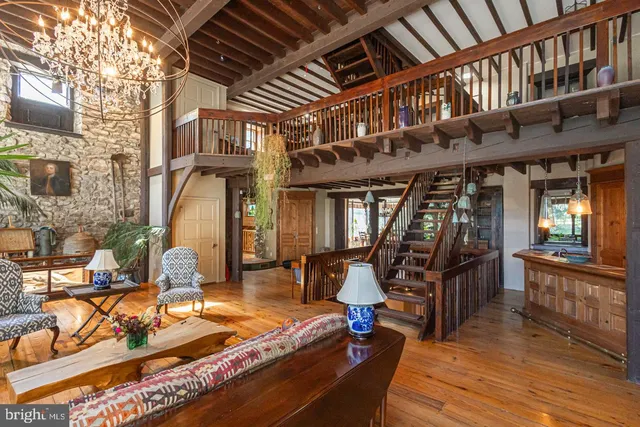 a view of a building with wooden floor