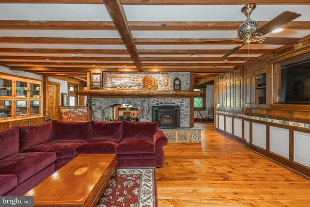 a view of a water heater room with a fireplace