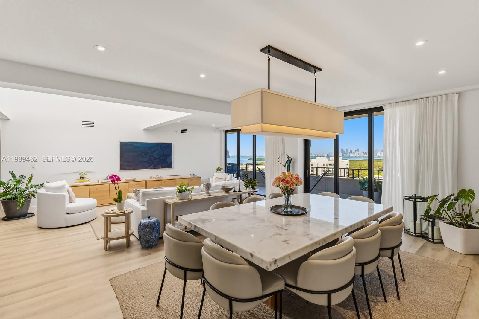 a view of a dining room with furniture