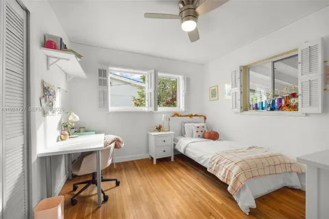 a bedroom with a bed and a table in it