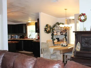 a living room with furniture a chandelier and a fireplace