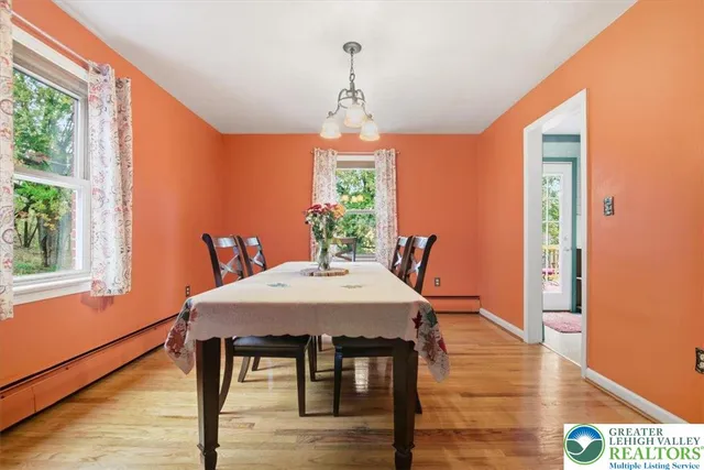 a view of a dining room with furniture window and wooden floor