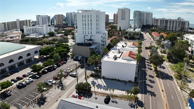 a city view with tall buildings