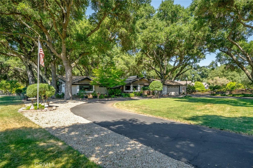 a yellow house with trees in front of it