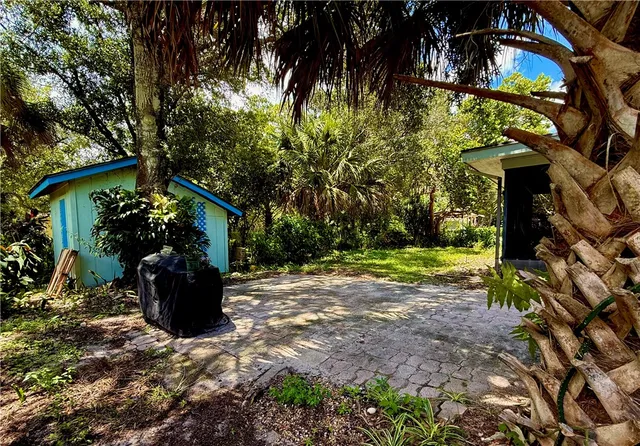 a backyard of a house with yard and trampoline