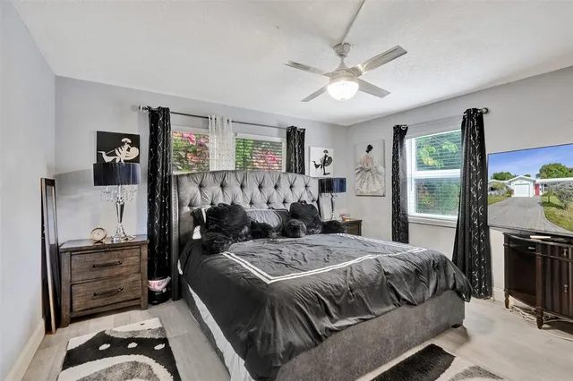 a bedroom with a bed next to a window with the outer view