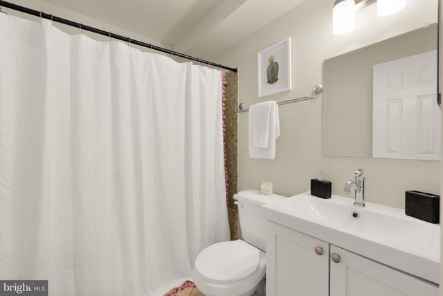a bathroom with a sink a toilet and shower curtain